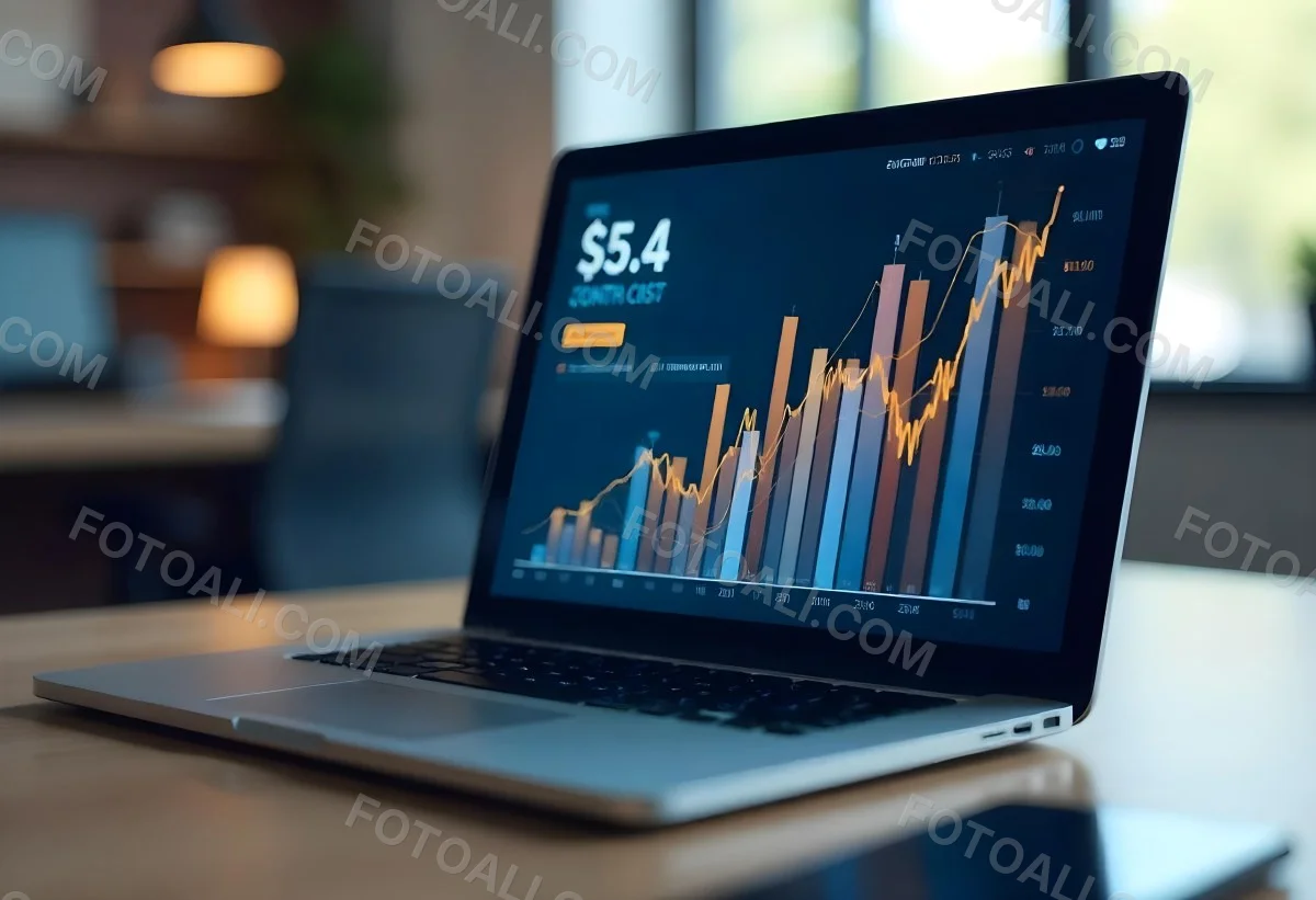 A Laptop With A Keyboard And A Screen Displaying Financial Data With A Bar Graph Overlayed On Top In An Office Environment 26 1887