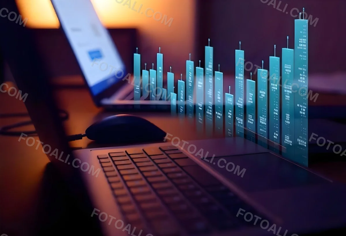 A Laptop With A Keyboard And A Screen Displaying Financial Data With A Bar Graph Overlayed On Top In An Office Environment 30 5e53