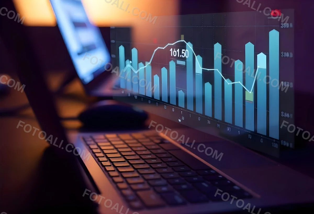 A Laptop With A Keyboard And A Screen Displaying Financial Data With A Bar Graph Overlayed On Top In An Office Environment 31 Db37