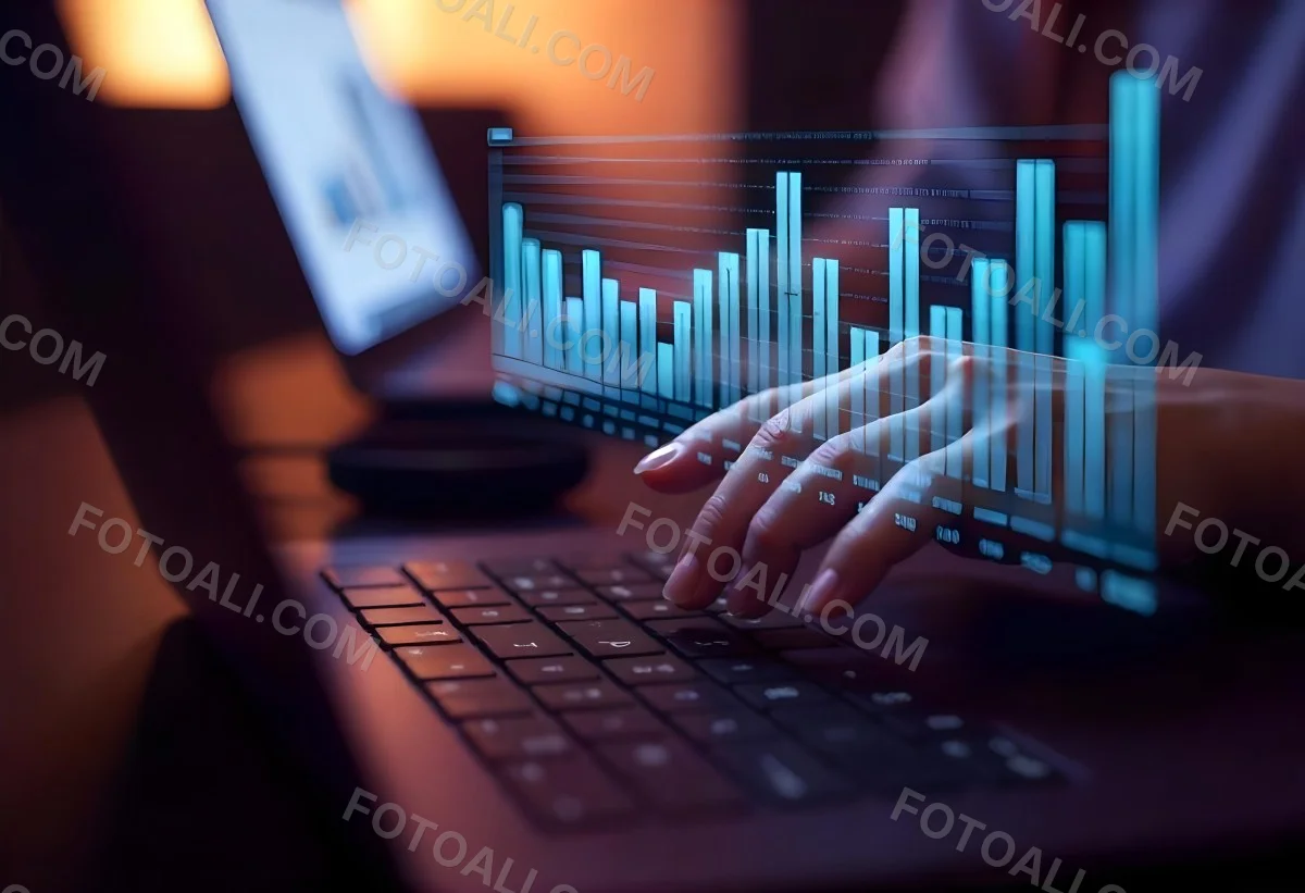 A Laptop With A Keyboard And A Screen Displaying Financial Data With A Bar Graph Overlayed On Top In An Office Environment 32 B672