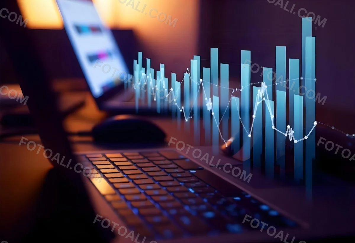 A Laptop With A Keyboard And A Screen Displaying Financial Data With A Bar Graph Overlayed On Top In An Office Environment 7 D903
