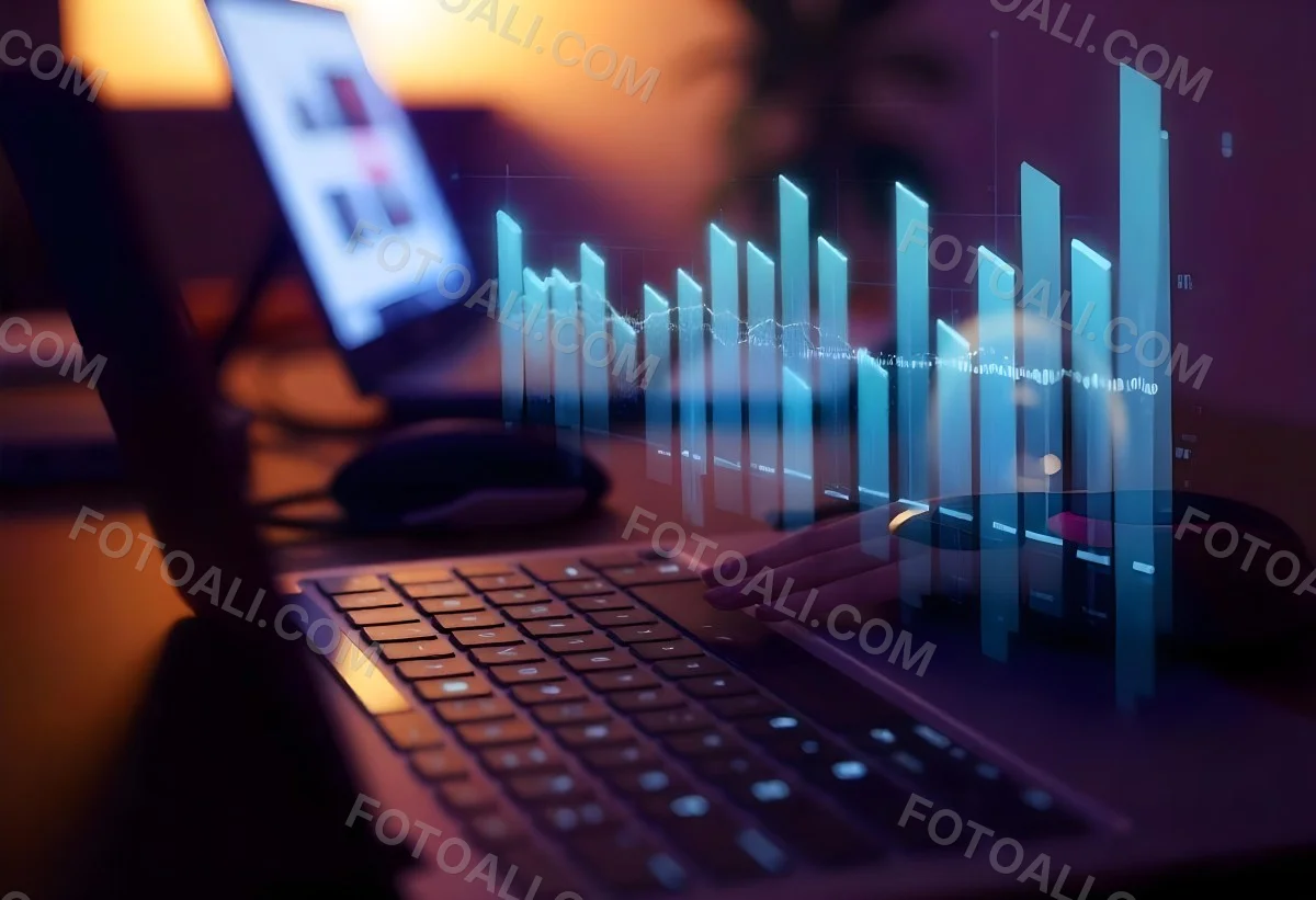 A Laptop With A Keyboard And A Screen Displaying Financial Data With A Bar Graph Overlayed On Top In An Office Environment 9 9acd