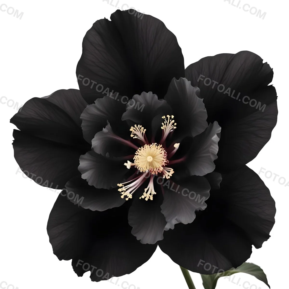 A Large Black Flower With Delicate White Edges Resembling A Hibiscus Or Peony The Petals Have A Velvety Textured Appearance And The Center Contains A Cluster Of Small Dark Stamens 1 379c