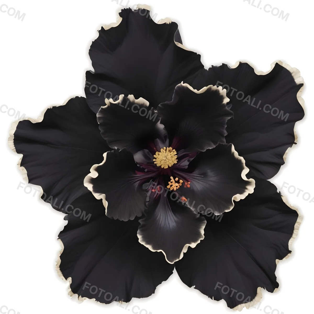 A Large Black Flower With Delicate White Edges Resembling A Hibiscus Or Peony The Petals Have A Velvety Textured Appearance And The Center Contains A Cluster Of Small Dark Stamens 10 Ab8a