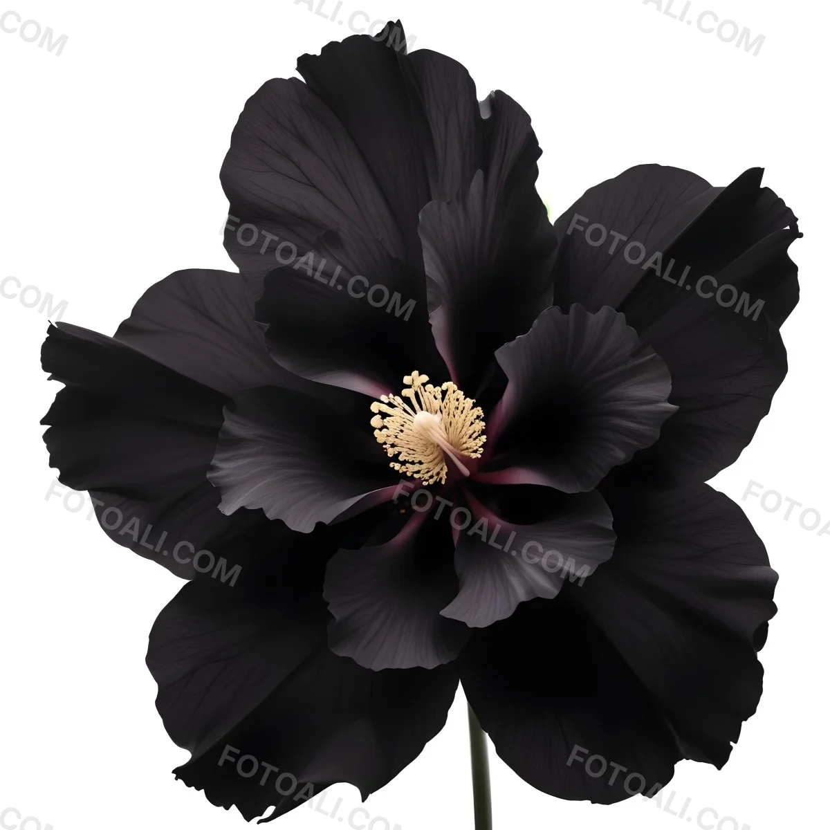A Large Black Flower With Delicate White Edges Resembling A Hibiscus Or Peony The Petals Have A Velvety Textured Appearance And The Center Contains A Cluster Of Small Dark Stamens 12 B9c9