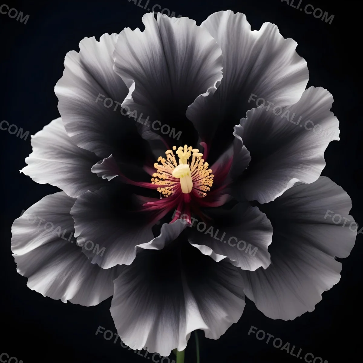 A Large Black Flower With Delicate White Edges Resembling A Hibiscus Or Peony The Petals Have A Velvety Textured Appearance And The Center Contains A Cluster Of Small Dark Stamens 2 9d5c