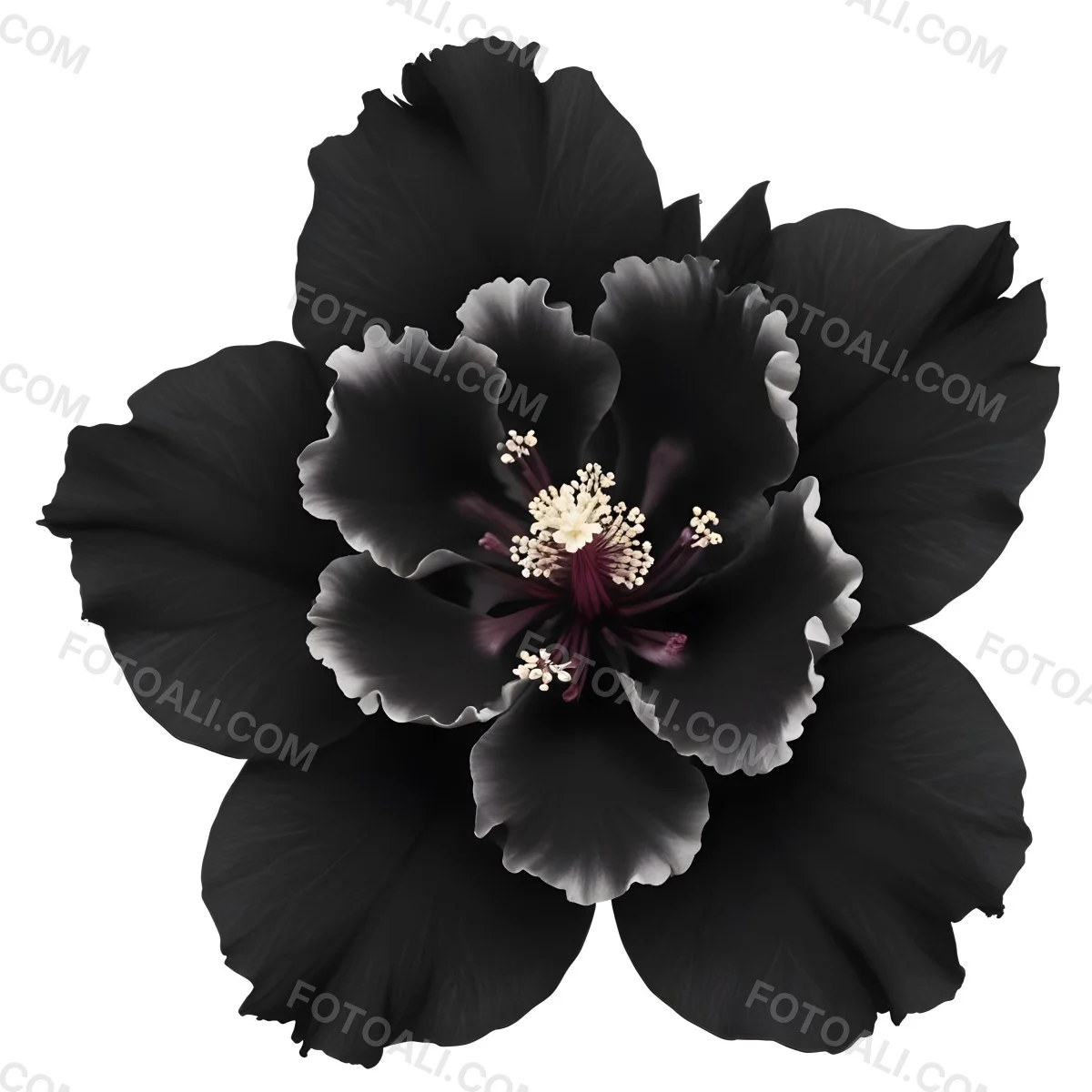 A Large Black Flower With Delicate White Edges Resembling A Hibiscus Or Peony The Petals Have A Velvety Textured Appearance And The Center Contains A Cluster Of Small Dark Stamens 3 D9b5