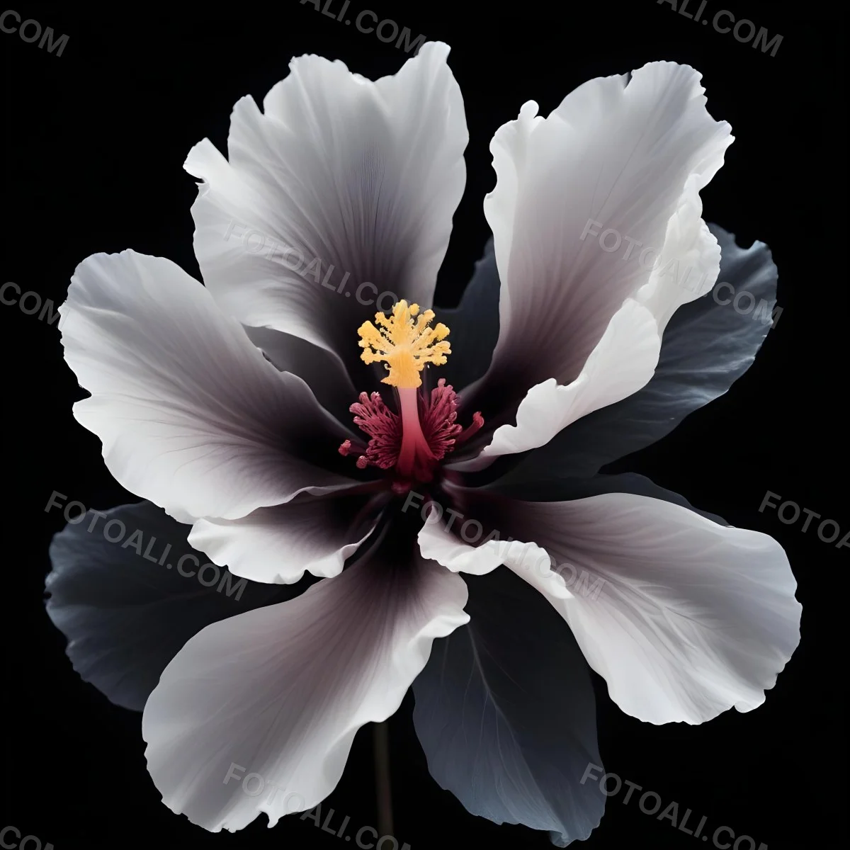 A Large Black Flower With Delicate White Edges Resembling A Hibiscus Or Peony The Petals Have A Velvety Textured Appearance And The Center Contains A Cluster Of Small Dark Stamens 6 5292