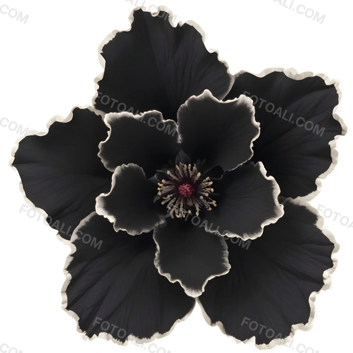 A Large Black Flower With Delicate White Edges Resembling A Hibiscus Or Peony The Petals Have A Velvety Textured Appearance And The Center Contains A Cluster Of Small Dark Stamens 8 6d2d
