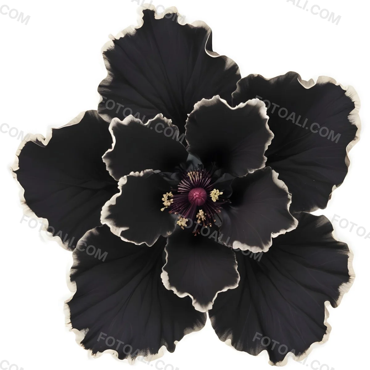 A Large Black Flower With Delicate White Edges Resembling A Hibiscus Or Peony The Petals Have A Velvety Textured Appearance And The Center Contains A Cluster Of Small Dark Stamens 9 68d7