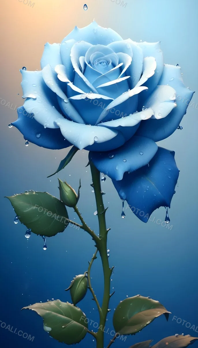 A Large Blue Rose With Delicate Petals Against A Dark Blue Background With Water Droplets The Rose Has Green Leaves And Stems 105 8929