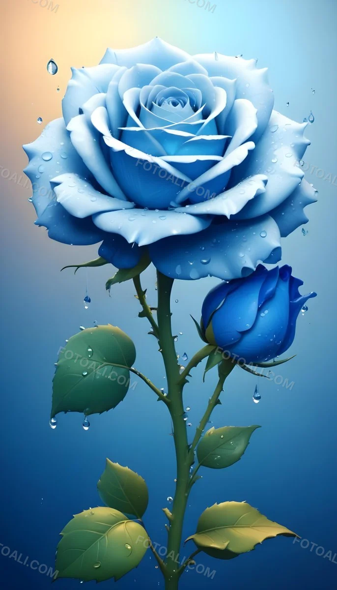 A Large Blue Rose With Delicate Petals Against A Dark Blue Background With Water Droplets The Rose Has Green Leaves And Stems 11 6510