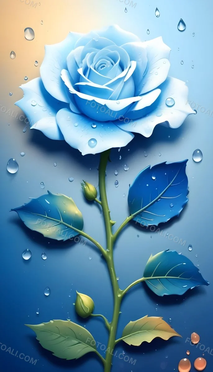 A Large Blue Rose With Delicate Petals Against A Dark Blue Background With Water Droplets The Rose Has Green Leaves And Stems 14 292a