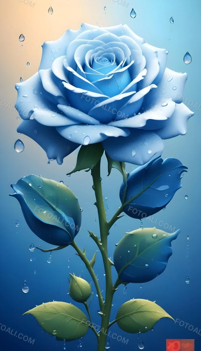 A Large Blue Rose With Delicate Petals Against A Dark Blue Background With Water Droplets The Rose Has Green Leaves And Stems 15 2e5f