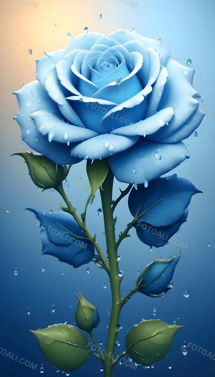 A Large Blue Rose With Delicate Petals Against A Dark Blue Background With Water Droplets The Rose Has Green Leaves And Stems 19 Bbe7