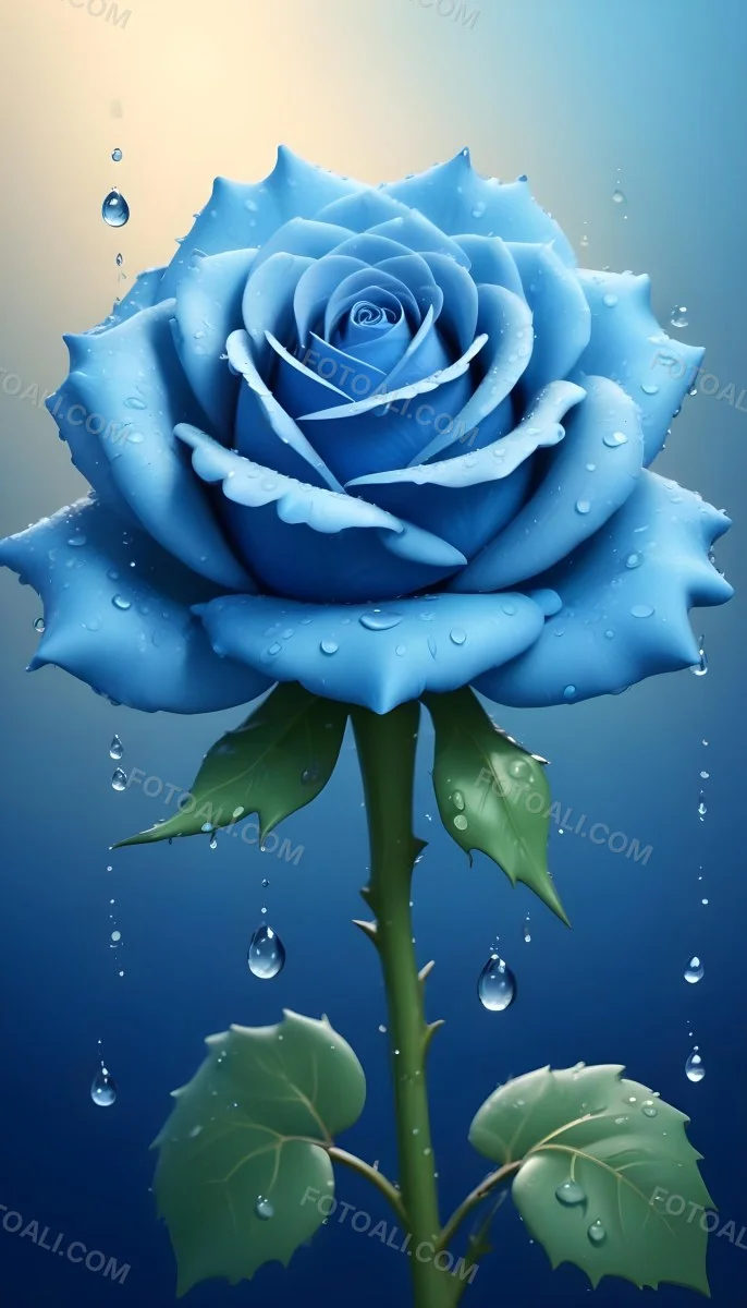 A Large Blue Rose With Delicate Petals Against A Dark Blue Background With Water Droplets The Rose Has Green Leaves And Stems 45 9c82