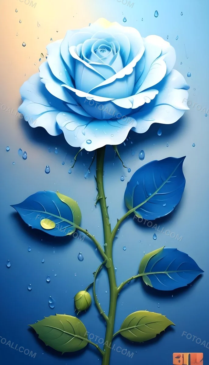 A Large Blue Rose With Delicate Petals Against A Dark Blue Background With Water Droplets The Rose Has Green Leaves And Stems 5 Ac96