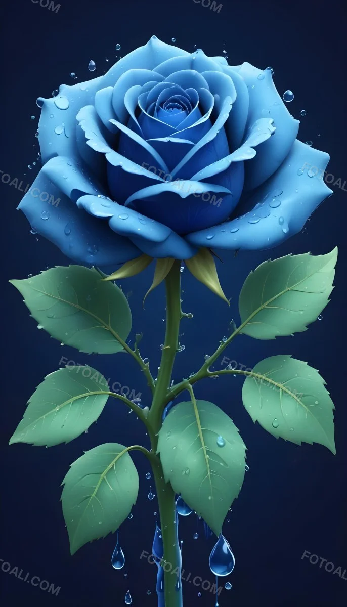 A Large Blue Rose With Delicate Petals Against A Dark Blue Background With Water Droplets The Rose Has Green Leaves And Stems 51 9cf1