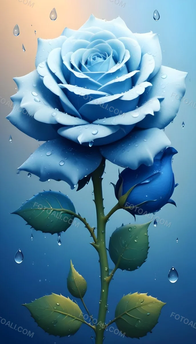 A Large Blue Rose With Delicate Petals Against A Dark Blue Background With Water Droplets The Rose Has Green Leaves And Stems 58 6983
