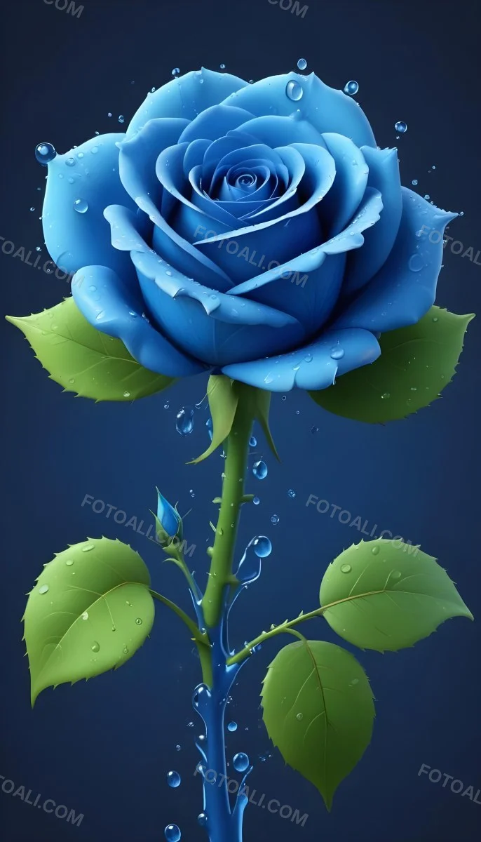 A Large Blue Rose With Delicate Petals Against A Dark Blue Background With Water Droplets The Rose Has Green Leaves And Stems 61 B9dc