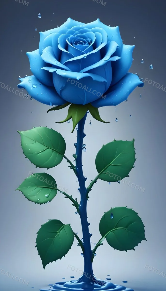 A Large Blue Rose With Delicate Petals Against A Dark Blue Background With Water Droplets The Rose Has Green Leaves And Stems 65 A9ce