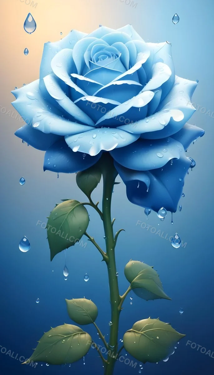 A Large Blue Rose With Delicate Petals Against A Dark Blue Background With Water Droplets The Rose Has Green Leaves And Stems 72 4ded