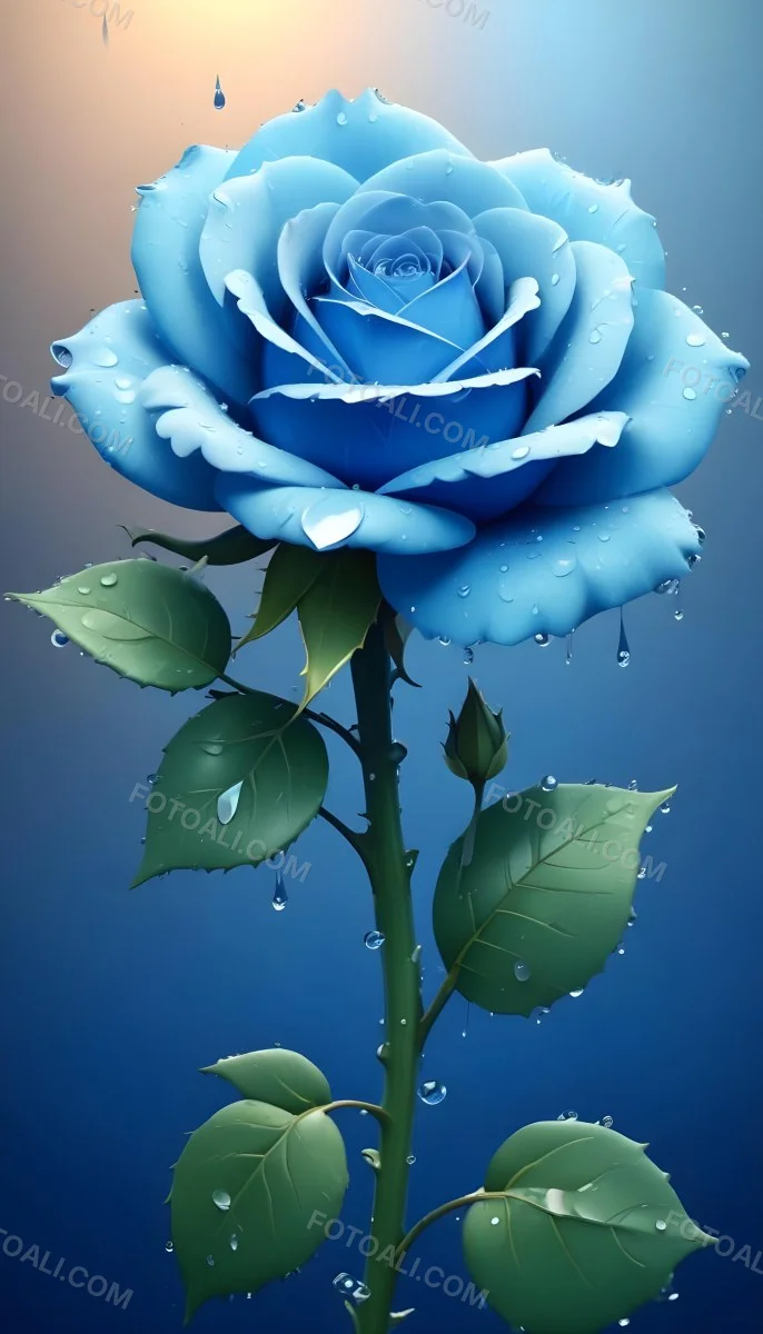 A Large Blue Rose With Delicate Petals Against A Dark Blue Background With Water Droplets The Rose Has Green Leaves And Stems 73 B7b0