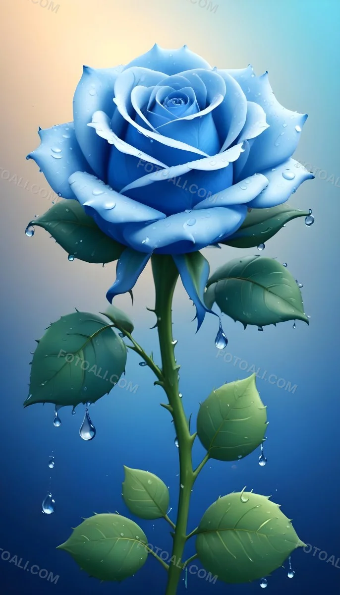 A Large Blue Rose With Delicate Petals Against A Dark Blue Background With Water Droplets The Rose Has Green Leaves And Stems 76 300c