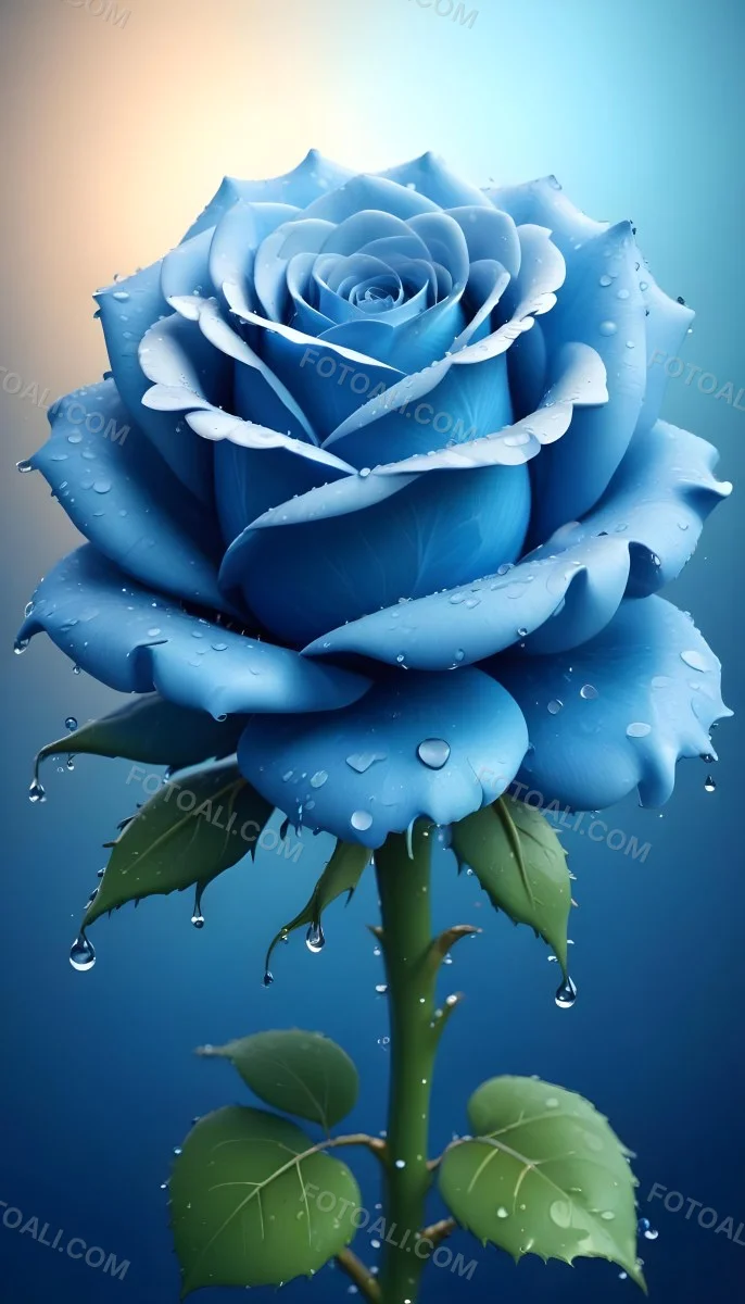 A Large Blue Rose With Delicate Petals Against A Dark Blue Background With Water Droplets The Rose Has Green Leaves And Stems 79 Ddbf