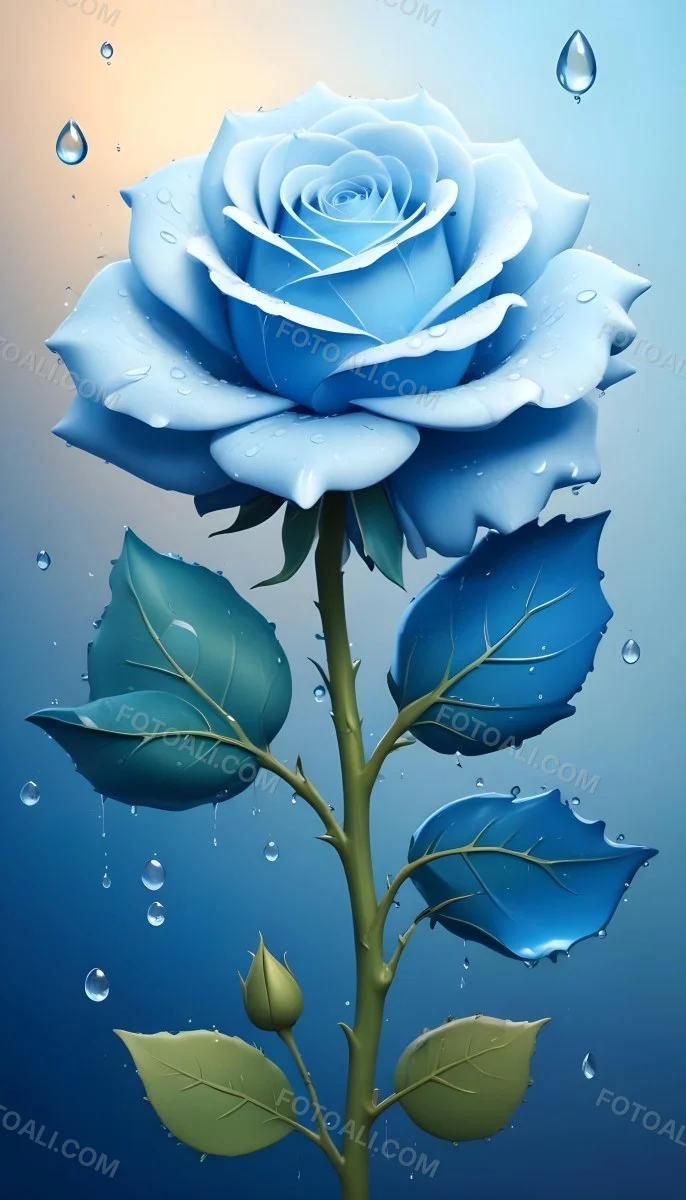 A Large Blue Rose With Delicate Petals Against A Dark Blue Background With Water Droplets The Rose Has Green Leaves And Stems 82 F5ee