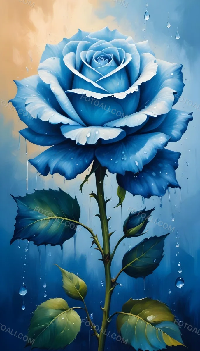 A Large Blue Rose With Delicate Petals Against A Dark Blue Background With Water Droplets The Rose Has Green Leaves And Stems 84 34c1