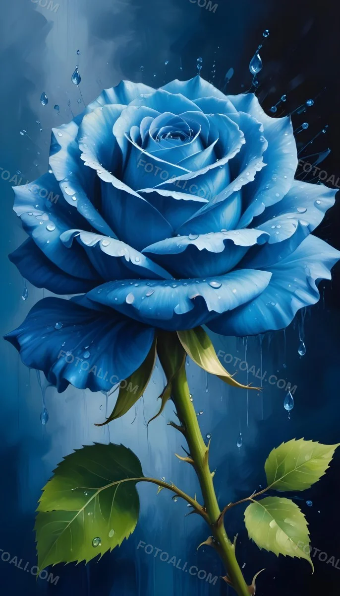 A Large Blue Rose With Delicate Petals Against A Dark Blue Background With Water Droplets The Rose Has Green Leaves And Stems 88 Bf26