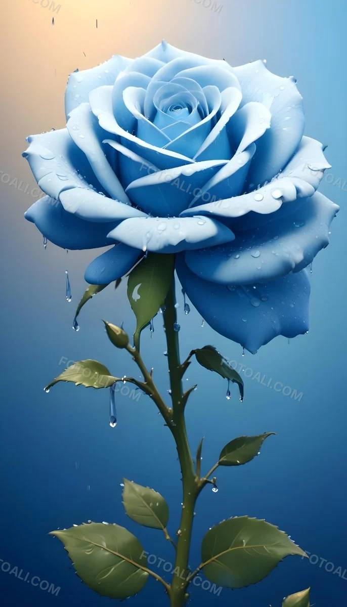 A Large Blue Rose With Delicate Petals Against A Dark Blue Background With Water Droplets The Rose Has Green Leaves And Stems 89 5671