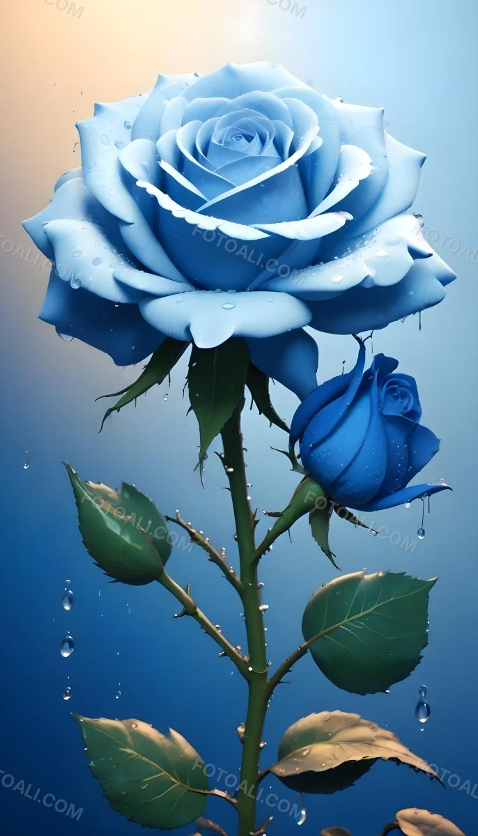 A Large Blue Rose With Delicate Petals Against A Dark Blue Background With Water Droplets The Rose Has Green Leaves And Stems 91 43a7
