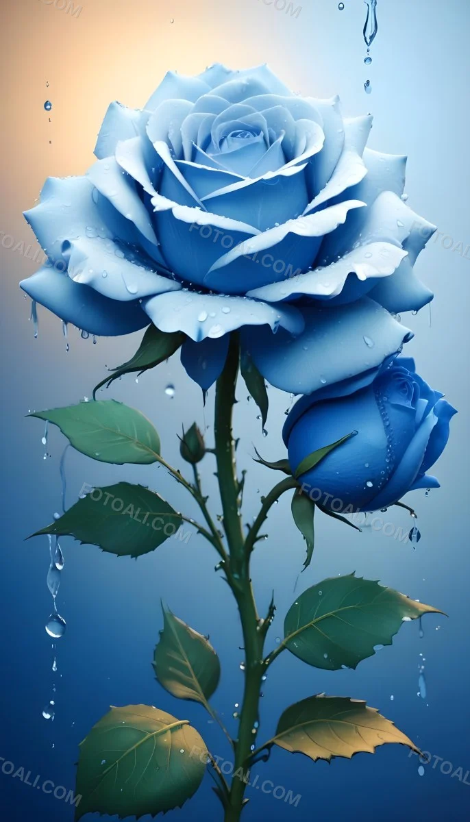A Large Blue Rose With Delicate Petals Against A Dark Blue Background With Water Droplets The Rose Has Green Leaves And Stems 92 9a9a