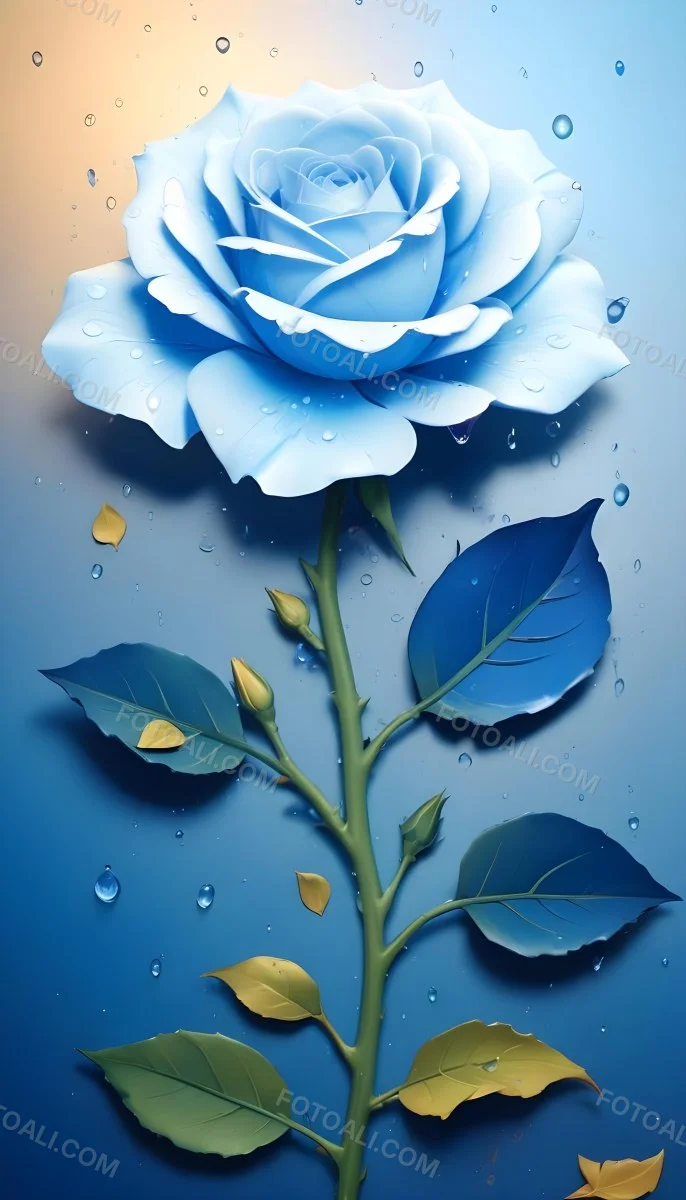 A Large Blue Rose With Delicate Petals Against A Dark Blue Background With Water Droplets The Rose Has Green Leaves And Stems 93 D7b2