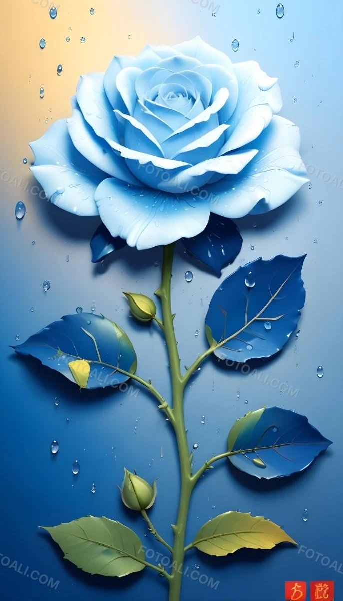 A Large Blue Rose With Delicate Petals Against A Dark Blue Background With Water Droplets The Rose Has Green Leaves And Stems 94 Ea18