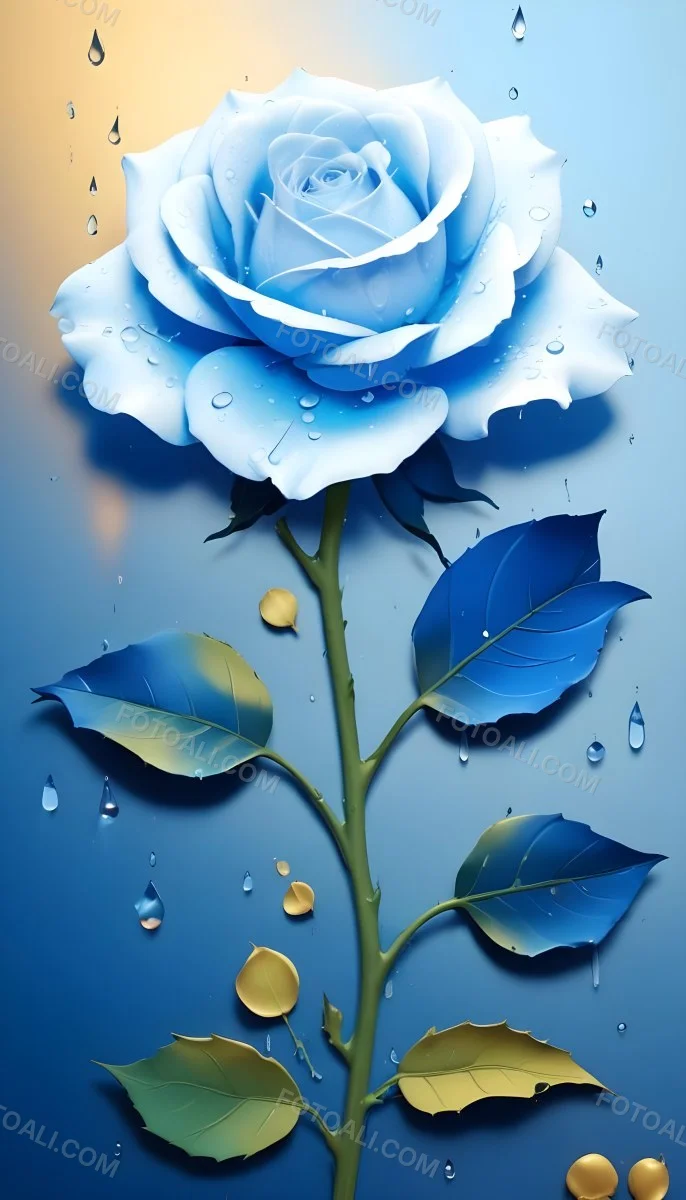 A Large Blue Rose With Delicate Petals Against A Dark Blue Background With Water Droplets The Rose Has Green Leaves And Stems 95 Bff9