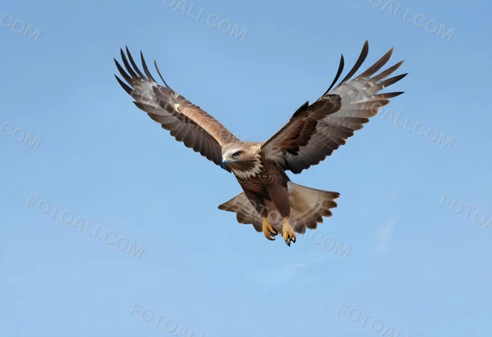 A Large Brown Hawk Or Eagle Soaring In A Clear Blue Sky With Its Wings Outstretched And Talons Visible 1 A833