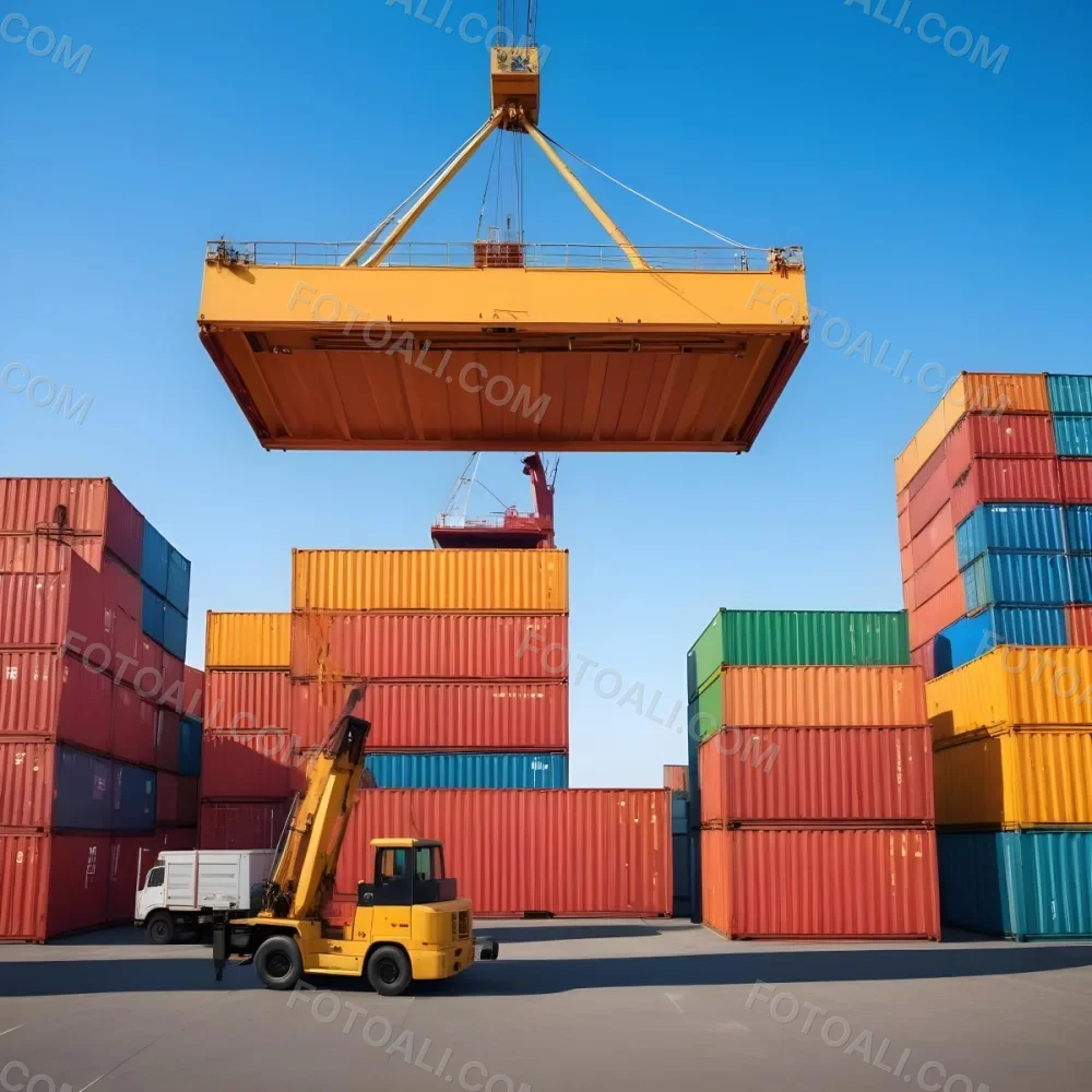 A Large Cargo Container Ship Being Loaded With Colorful Shipping Containers With A Crane Lifting A Container Onto The Ship The Background Shows A Clear Blue Sky 12 C052