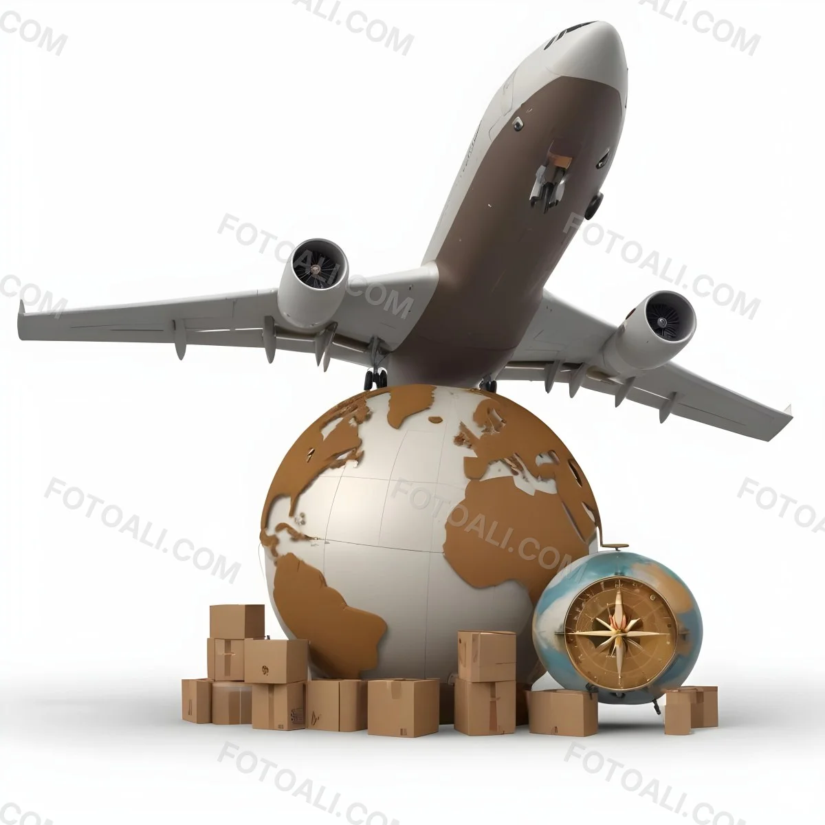 A Large Commercial Airplane Taking Off From A Globe With Cardboard Boxes And A Compass On The Ground Representing Global Logistics And Transportation 13 Cd59