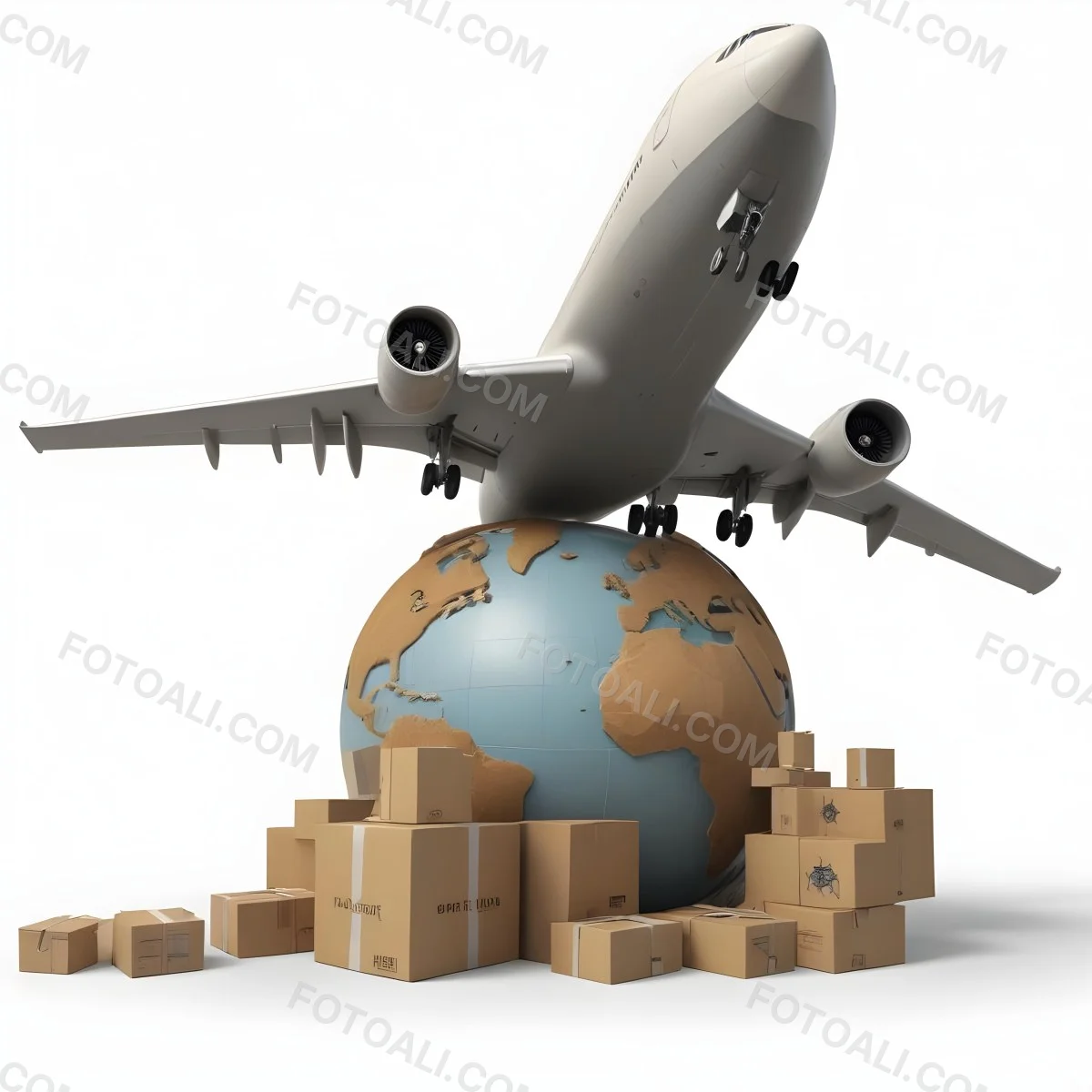 A Large Commercial Airplane Taking Off From A Globe With Cardboard Boxes And A Compass On The Ground Representing Global Logistics And Transportation 15 B5a5