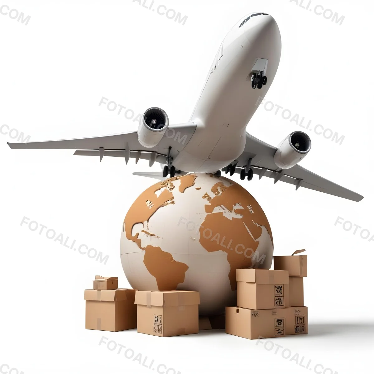 A Large Commercial Airplane Taking Off From A Globe With Cardboard Boxes And A Compass On The Ground Representing Global Logistics And Transportation 19 71dd
