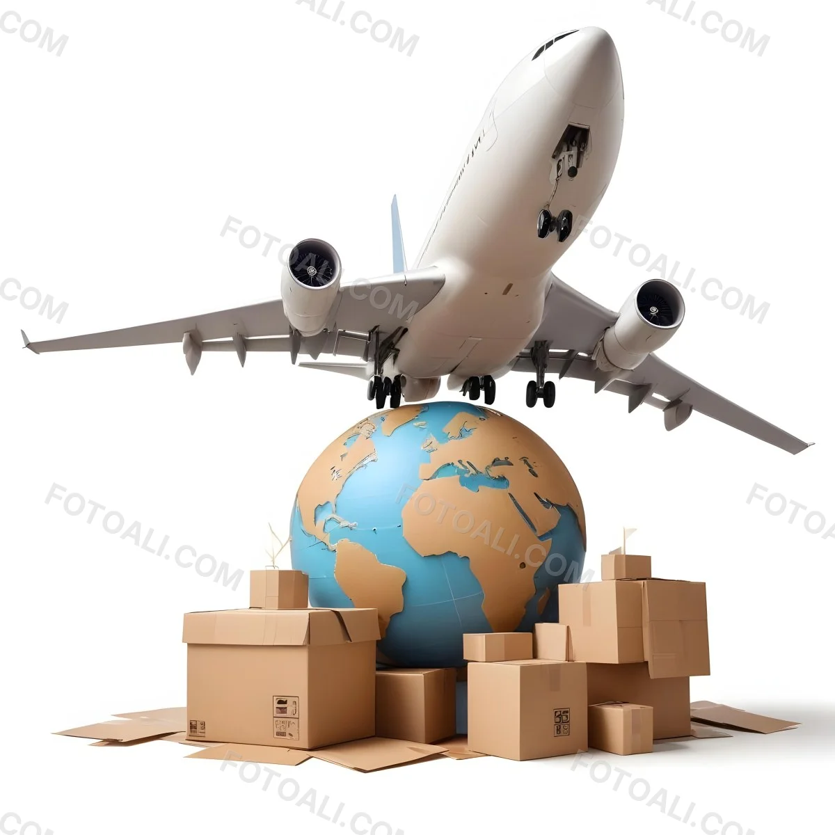 A Large Commercial Airplane Taking Off From A Globe With Cardboard Boxes And A Compass On The Ground Representing Global Logistics And Transportation 22 Ced0