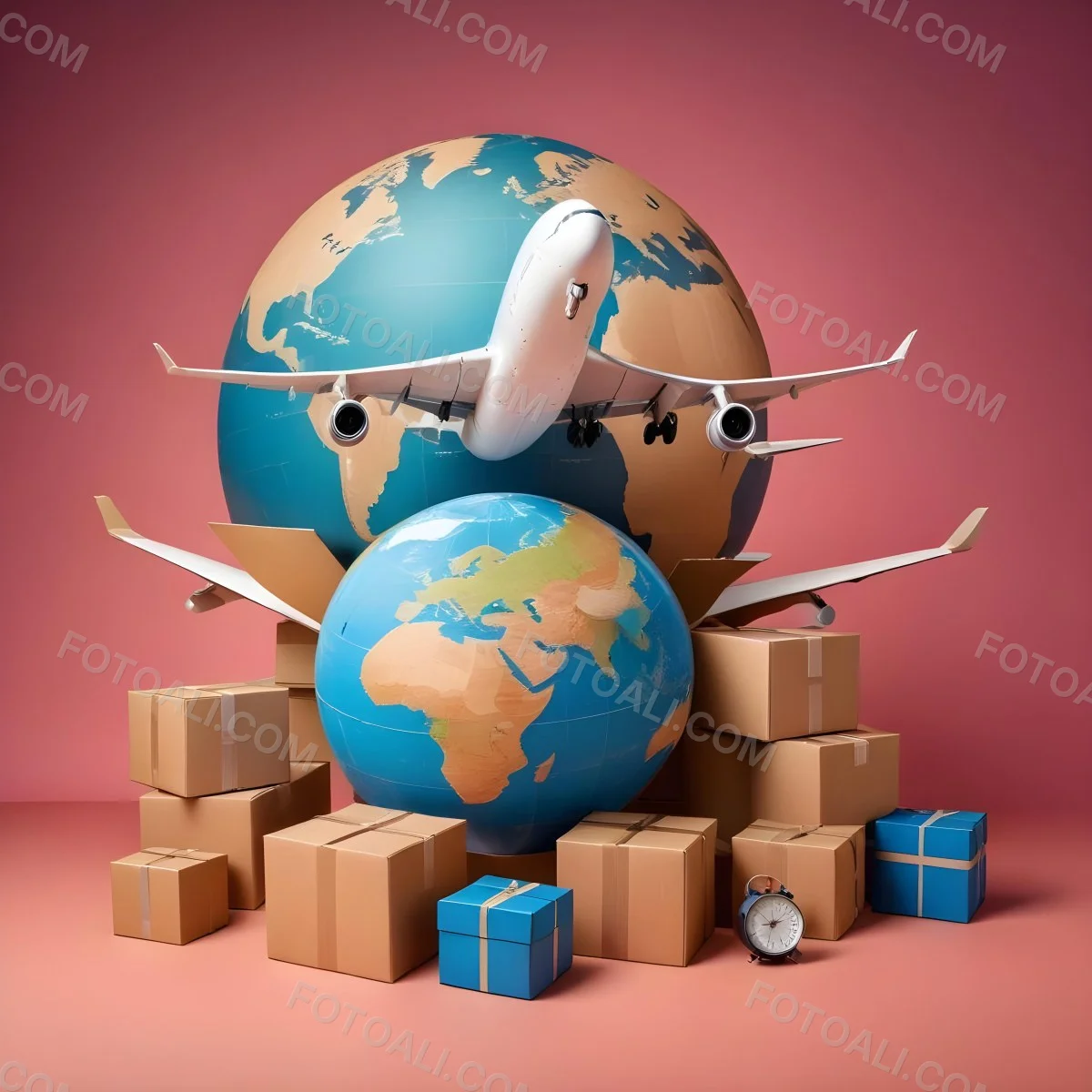 A Large Commercial Airplane Taking Off From A Globe With Cardboard Boxes And A Compass On The Ground Representing Global Logistics And Transportation 28 95d5