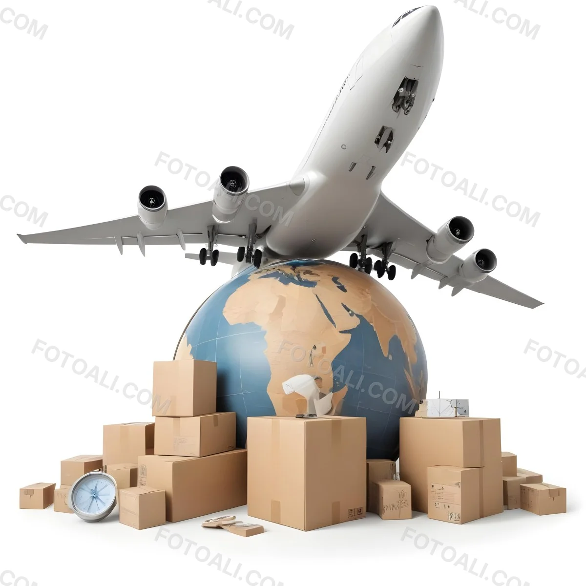 A Large Commercial Airplane Taking Off From A Globe With Cardboard Boxes And A Compass On The Ground Representing Global Logistics And Transportation 33 8135