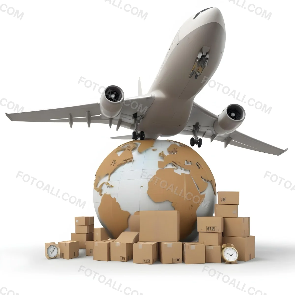 A Large Commercial Airplane Taking Off From A Globe With Cardboard Boxes And A Compass On The Ground Representing Global Logistics And Transportation 34 722b