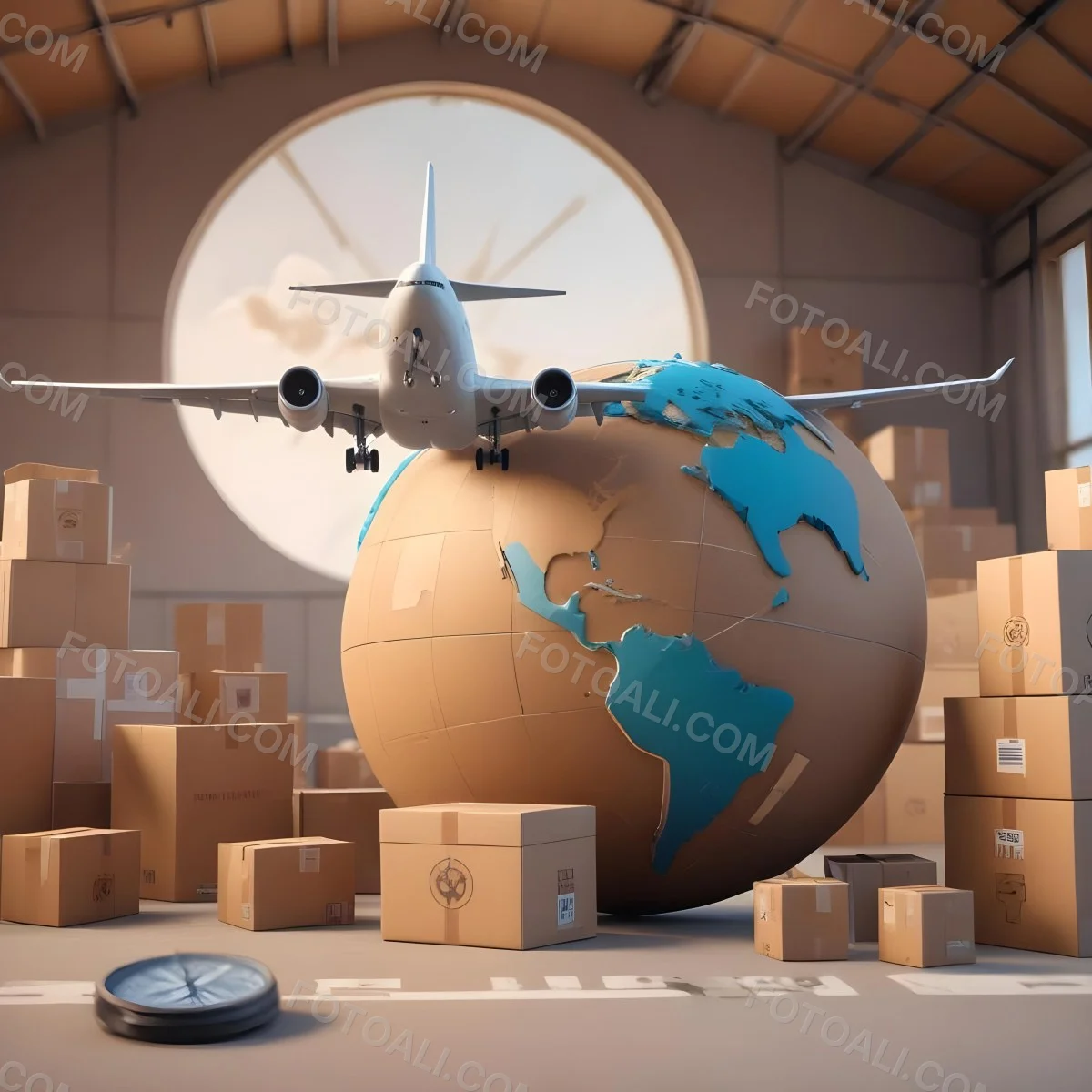 A Large Commercial Airplane Taking Off From A Globe With Cardboard Boxes And A Compass On The Ground Representing Global Logistics And Transportation 4 1191
