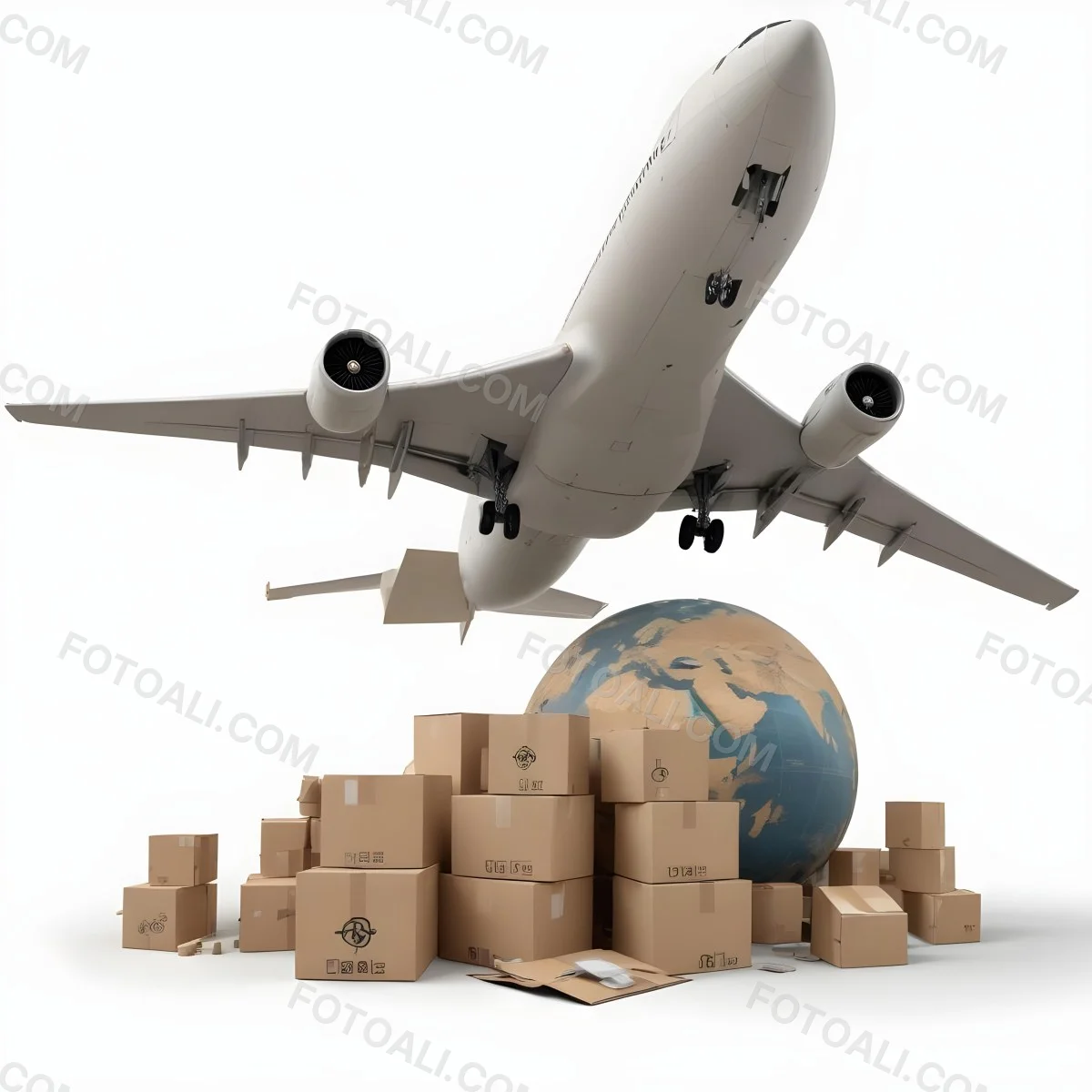 A Large Commercial Airplane Taking Off From A Globe With Cardboard Boxes And A Compass On The Ground Representing Global Logistics And Transportation 5 10a8