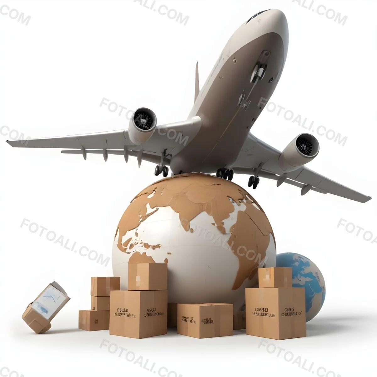 A Large Commercial Airplane Taking Off From A Globe With Cardboard Boxes And A Compass On The Ground Representing Global Logistics And Transportation 6 F42e